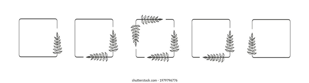 Set of black square foliate laurels branches. Vector illustration of hand drawn wreaths