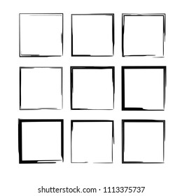 Set of black square grunge frames. Geometric rectangle empty  borders. Vector illustration. 