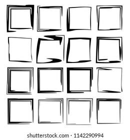 Set of black square grunge frames. Geometric empty borders.  Vector illustration. 