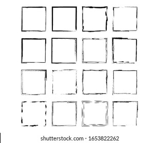 Set of black square grunge frames. Geometric empty borders collection. Vector illustration.