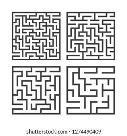 Set of black square mazes. Game for kids. Puzzle for children. One entrances, one exit. Labyrinth conundrum. Flat vector illustration isolated on white background
