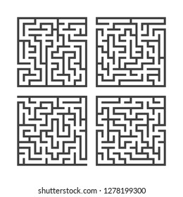 Set of black square mazes. Game for kids. Puzzle for children. One entrances, one exit. Labyrinth conundrum. Flat vector illustration isolated on white background