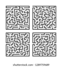 Set of black square mazes. Game for kids. Puzzle for children. One entrances, one exit. Labyrinth conundrum. Flat vector illustration isolated on white background
