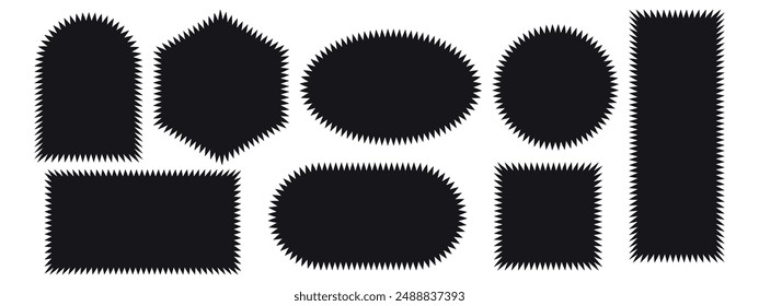 Set of black square, oval, circle, arch, hexagon and rectangular shapes with ripped jagged borders. Vector illustration isolated on white background