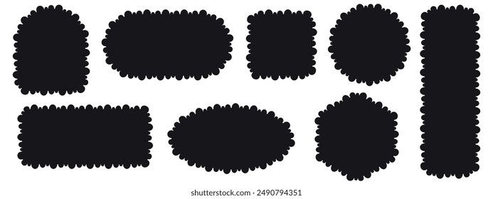 Set of black square, oval, circle, arch, hexagon and rectangular shapes with ripped jagged borders. Vector illustration isolated on white background