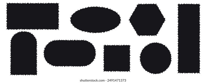 Set of black square, oval, circle, arch, hexagon and rectangular shapes with ripped jagged borders. Vector illustration isolated on white background