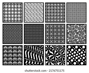 Set of black square panels. Abstract geometric pattern, floral motif, antique ornament. Vector template for laser cutting of metal lattice, wall painting, stencil, openwork napkin, wood carving, cnc.