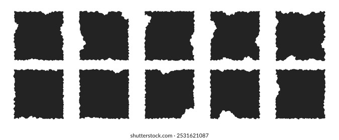Set of black square paper frames with jagged edges. Ripped grunge sheets of geometric rectangular form isolated on white background. Simple tattered page pieces, rough old torn scraps with wavy edge