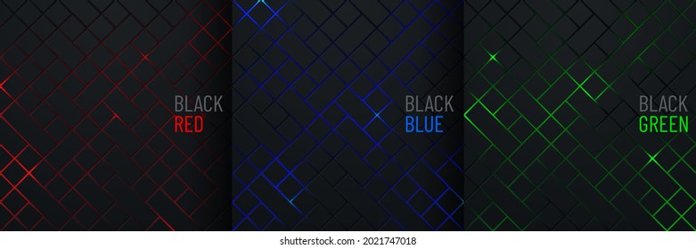 Set of black square pattern on glowing red, blue, green neon abstract background in technology style. Modern futuristic geometric shape collection design. You can use for cover template, poster.