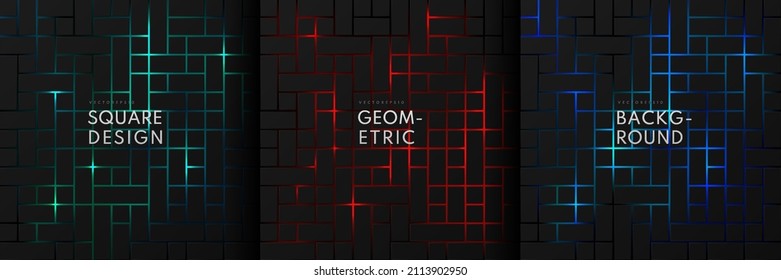 Set black square pattern illuminate red  blue   green neon abstract background in technology style  Modern futuristic geometric shape collection design  Vector illustration 