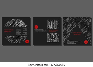 Set of black square patterns, 3 geometric cover designs, with a red circle for the company logo. Layout design for brochure, flyer, business poster, vector illustration