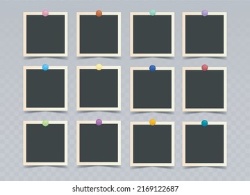 Set of black square photo frames on colored pins. Vector realistic mockup.  12 posters, photo cards or paper sheets with white border. Blank Template for collages and design. EPS10.