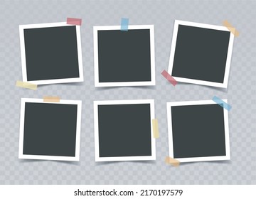 Conjunto de cuadros de fotos cuadrados negros con cinta de tubo de color. Burla vectorial realista. Seis tarjetas fotográficas vacías con borde blanco sobre fondo transparente. Plantilla en blanco para collages y diseño. EPS10.