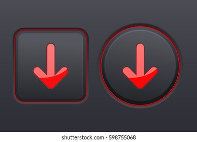 Set of black square and round buttons with red DOWN arrows. Vector 3d illustration