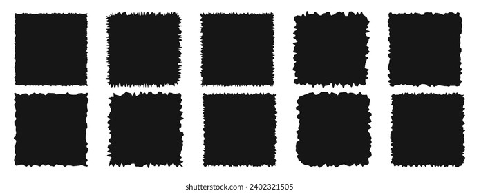 Set of black square shapes with torn edges isolated on white background. Jagged paper or cardboard textures. Empty ripped text box, label, tag, photo frame templates. Vector graphic illustration.