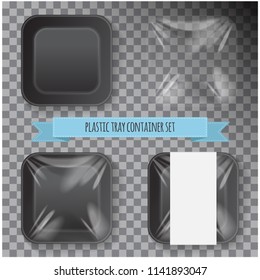 Set of Black Square Styrofoam Plastic Food Tray Container. Vector Mock Up Template for your design