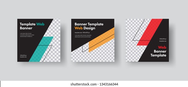 Set of black square vector web for social networks with diagonal color elements and space for photo. Templates for web standard size.