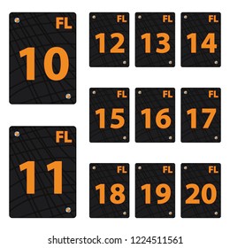 Set of black squares with orange numbers isolated on background.
