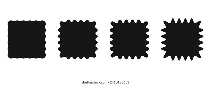 Set of black squares with wavy edges. Tags, labels, stickers, badges, stamps rectangular shapes with curvy borders isolated on white background. Vector graphic illustration