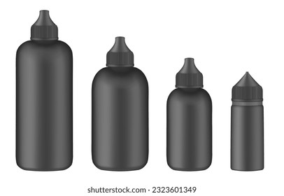 Set of black squeeze bottles. Colorful hair dye, oxidant cream. E-juice vape liquid. Foundation container