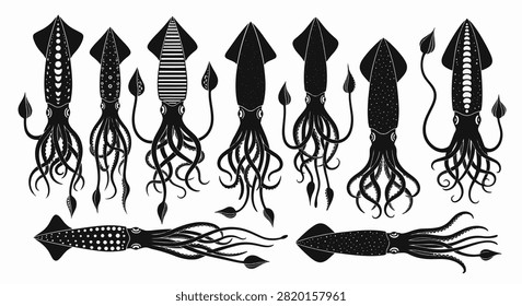 Set of black squid silhouettes with unique geometric patterns, stripes, and dots. Stylized marine cephalopods and mollusks with tentacles isolated on white background.
