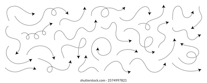 Set of black squiggle line dashed arrows. Dash curved vector editable stroke arrows