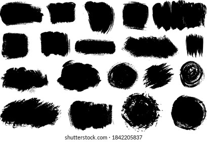 A set of black stains, brush strokes, splashes, black stripes, circles and rectangles in grunge style for card backgrounds, watermarks and other designs.