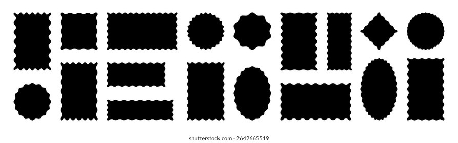 Set of black stamp shapes with wavy, zigzag, and corrugated edges. Rectangular, square, oval, round, rhombus frames. Retro badges, label vintage design templates.