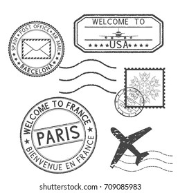 Set of black stamps. Postmarks and travel stamps- Welcome to France, Welcome to USA. Vector illustration isolated on white background