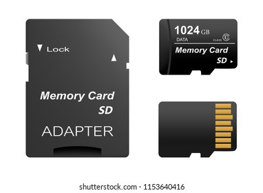 Set of black standard 1024 gb digital sd memory cards front and back with gold contact with adapter for sd card on a white background. Collection media card for digital data 