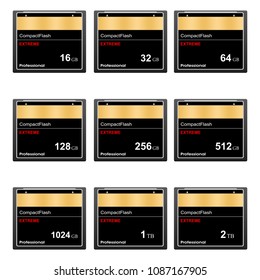 Set of black standard digital compact flash memory cards of different sizes on a white background. Collection media card for digital data 