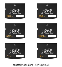 Set Of Black Standard Gb And Tb Digital Xd Memory Cards Front On A White Background. Collection Media Card For Digital Data 