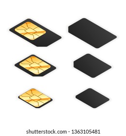 Set of black standard, micro and nano sim cards for phone with golden glossy chip from both sides in isometric view isolated on white