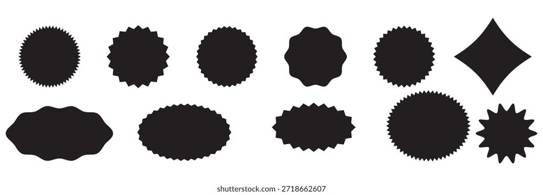 Conjunto de etiquetas de forma de explosión de estrella negra para el Precio. Etiqueta engomada del círculo. Insignias de promoción de borde ondulado. Colección de pegatinas de venta en blanco. Elementos de diseño de pegatina de Precio, etiqueta engomada de la venta, starburst, marca de calidad, retro.
