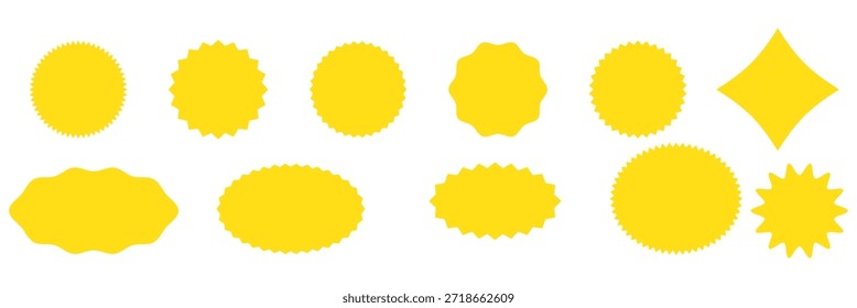 Conjunto de etiquetas de forma de explosión de estrella negra para el Precio. Etiqueta engomada del círculo. Insignias de promoción de borde ondulado. Colección de pegatinas de venta en blanco. Elementos de diseño de pegatina de Precio, etiqueta engomada de la venta, starburst, marca de calidad, retro.