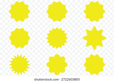 Conjunto de etiquetas de forma de explosión de estrella negra para el Precio. Etiqueta engomada del círculo. Insignias de promoción de borde ondulado. Colección de pegatinas de venta en blanco. Elementos de diseño de etiqueta engomada del Precio, etiqueta engomada de la venta, estallido estelar, marca de calidad, EPS retro