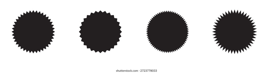Set von schwarzen Stern Burst Form Tags zum Preis. Kreisaufkleber. Promo-Abzeichen mit gewellter Kante. Leere Verkauf Aufkleber Sammlung. Design-Elemente von Preis Aufkleber, Verkauf Aufkleber, Sternzeichen, Qualitätszeichen, Retro.