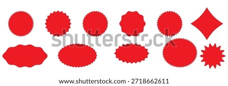 Set of black star burst shape tags for price. Circle sticker. Wavy edge promo badges. Blank sale stickers collection. Design elements of Price sticker, sale sticker, starburst, quality mark, retro.