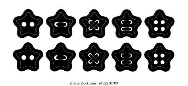 Set of black star buttons. Button with two and four holes. Sewn buttons. Sewing decor, elements