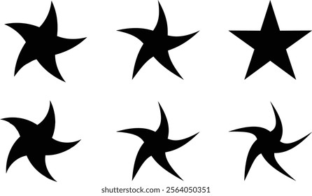 "Set of black star icons featuring creative and abstract designs. Includes sharp and curved shapes, perfect for logos, patterns, tattoos, and graphic design projects."