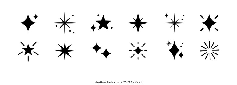 Set of black star icons in various shapes. Star icons include bursts, sparkles, and twinkles. Perfect for design, decoration, and creative projects. Festive element set. Vectors.