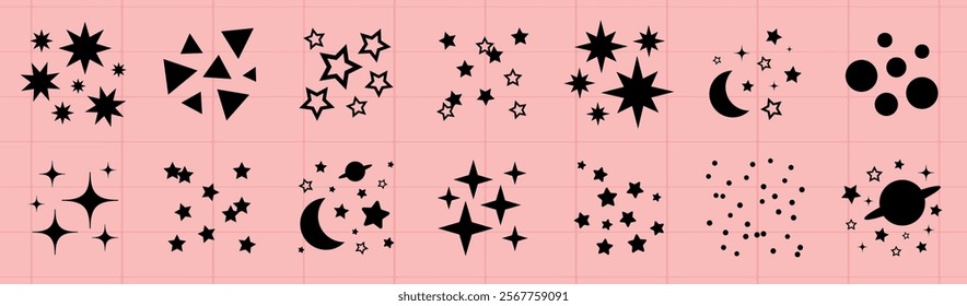 Set of black star, moon, and planet icons on a pink grid background. Stars, moons, and planets in various styles. Celestial icons on pink. Sparkles element vector set.
