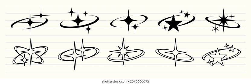 Set of black star and orbit icons. Stars and orbits in various designs. Star icons with orbit lines. Simple black star and orbit graphics. Element vector collection.