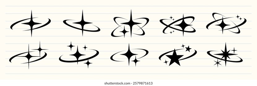 Set of black star and orbit icons on lined background. Star shapes with orbit designs. Various star and orbit styles. Decorative star and orbit elements. Element vector set.