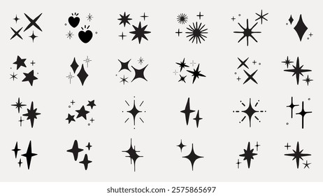 Set of black star and sparkle icons. Various star shapes and sparkle designs. Perfect for adding sparkle, stars, and decorative elements to designs. Element vector set.