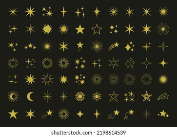 Set of Black Star, Twinkling stars, Sparkles, Shining burst. Vector stars in doodle line art style on white background