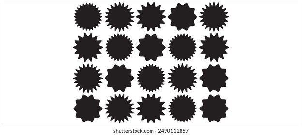 Set of black starburst, empty sunburst badges. Design elements with white background.
