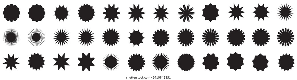 Set of black starburst. Price sticker, sale sticker, price tag, starburst, quality mark, retro stars, sale or discount sticker, sunburst badges, sun ray frames, promotional badge set, EPS 10