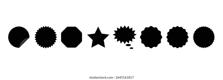 Set of black starburst. Price sticker, sale sticker, price tag, quality mark, retro stars, sale more. Wavy edge promo black badges. Star burst shape tags for price. Vector Illustration.