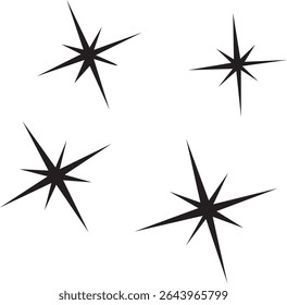 A set of black starburst shapes or sparkle icons isolated on a white background. Perfect for decorations, highlights, or design accents in graphic design and illustrations.